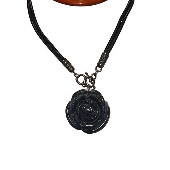 Vintage Genuine Blue Lapis Rose Pendent 925 Toggle Leather Choker Necklace - Picture 3 of 14